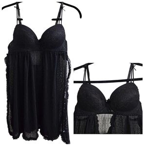 Elegance Black Lace Underwire Sheer Dotty Babydoll Nightgown Nightie Medium